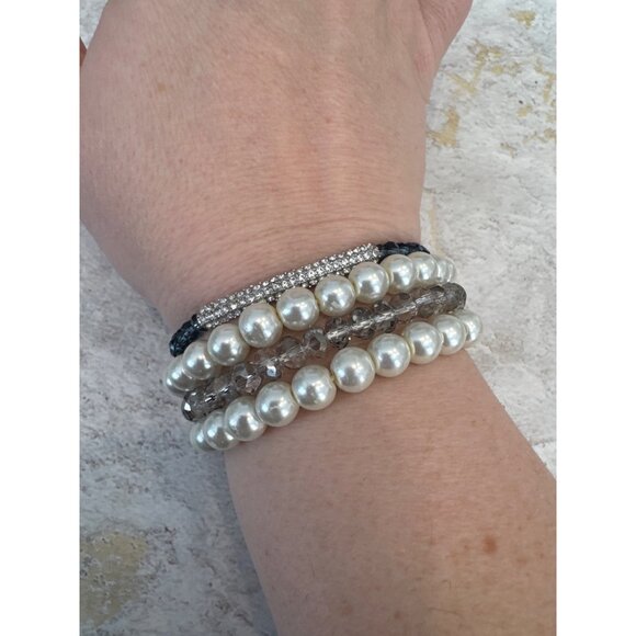 4 Stacking Bracelets Pearl Bead Neutral Glam Party Preppy Boho - Picture 4 of 5